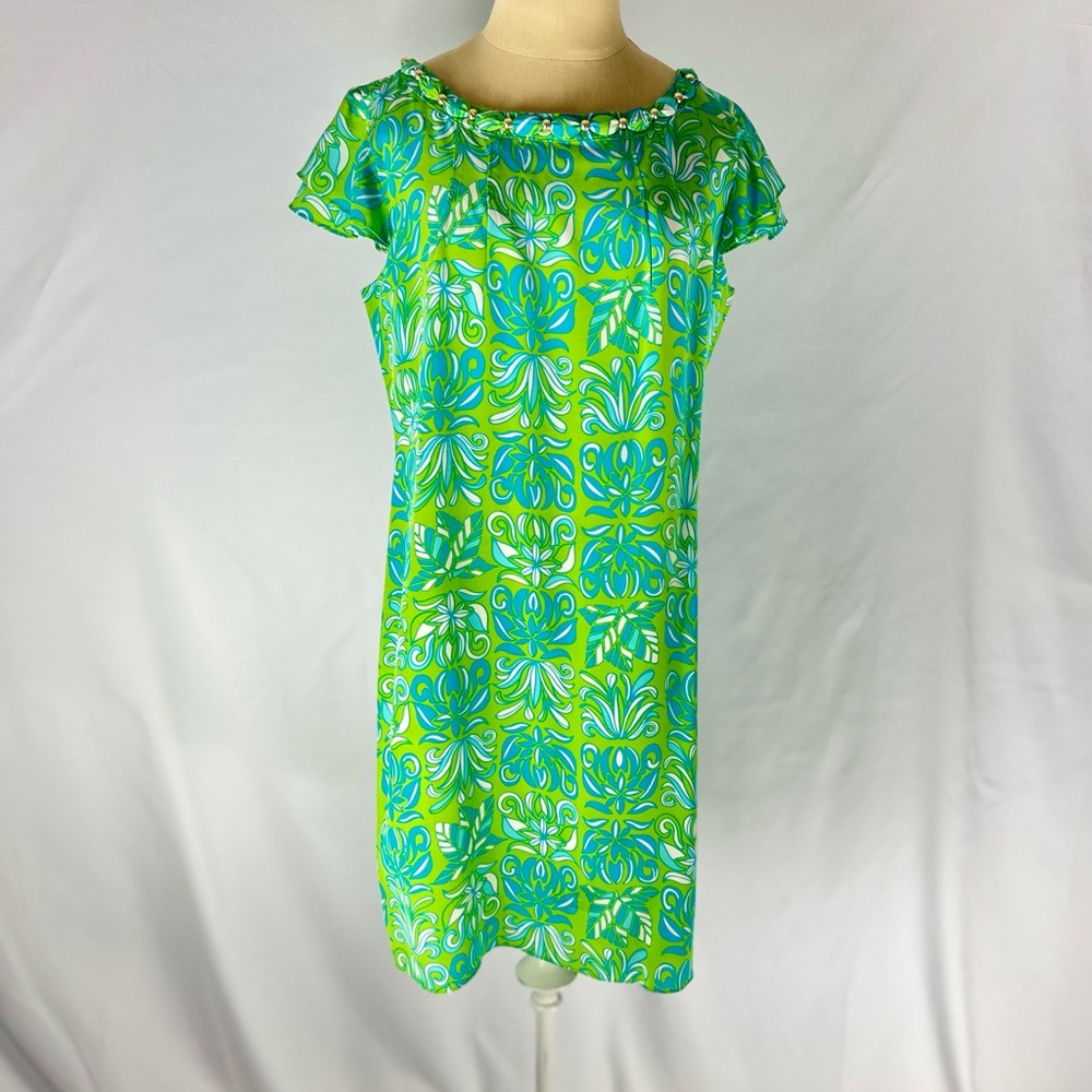 Lily Pulitzer Silk Vibrant Green and Blue Patterned Dress - Size 6